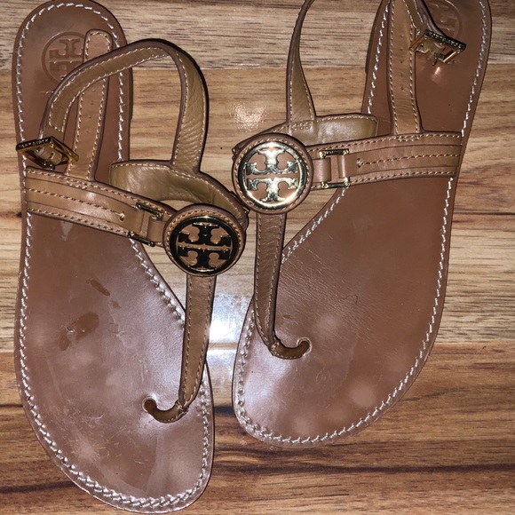 Tory Burch Tan or Camel Flat Leather Sandals - Picture 1 of 5
